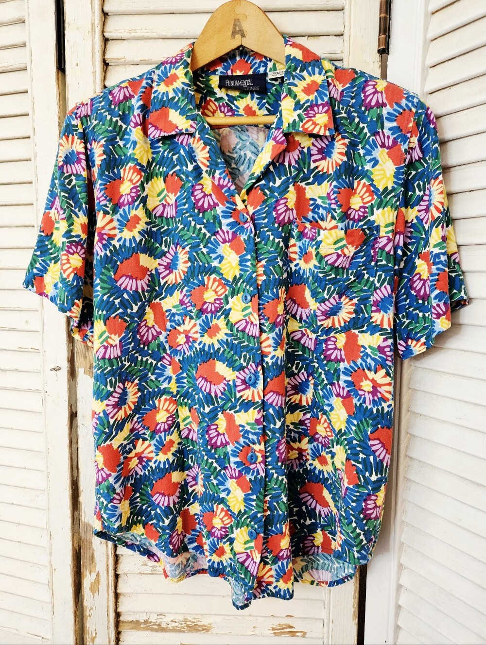 Vintage 90s Fundamental Things Abstract Floral Short Sleeve Rayon Blouse Small